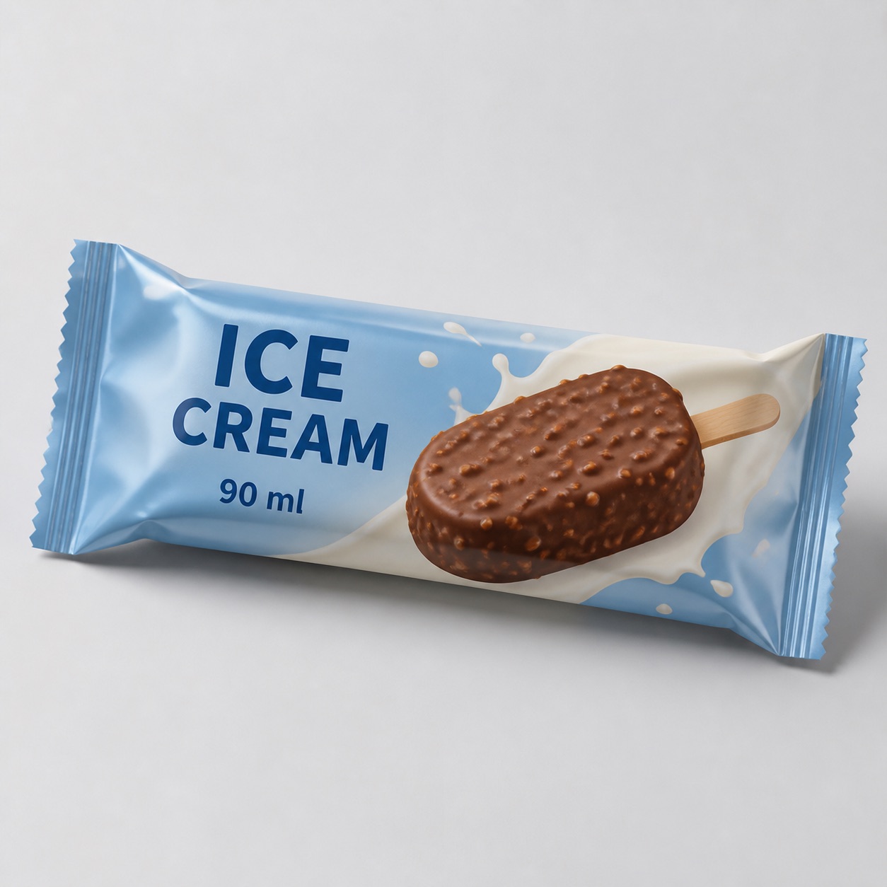 Horizontal ice cream flow-wrap package with crimped end seals for frozen dessert packaging review