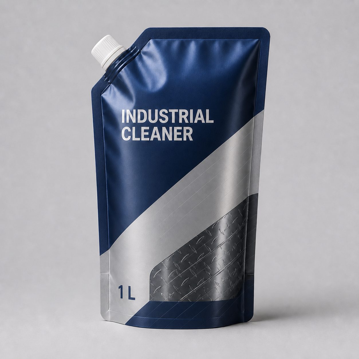Dark blue and silver 1 L industrial cleaner refill pouch with corner spout