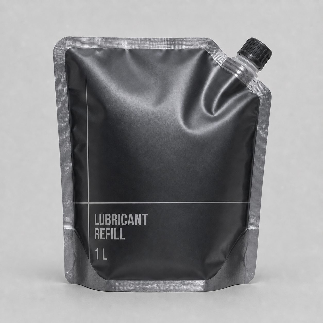 Reinforced charcoal lubricant refill pouch with upper-right corner spout for industrial liquid dispensing