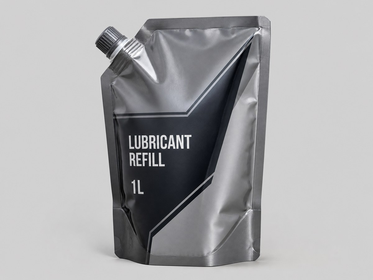 Industrial lubricant refill pouch with corner spout and reinforced seals