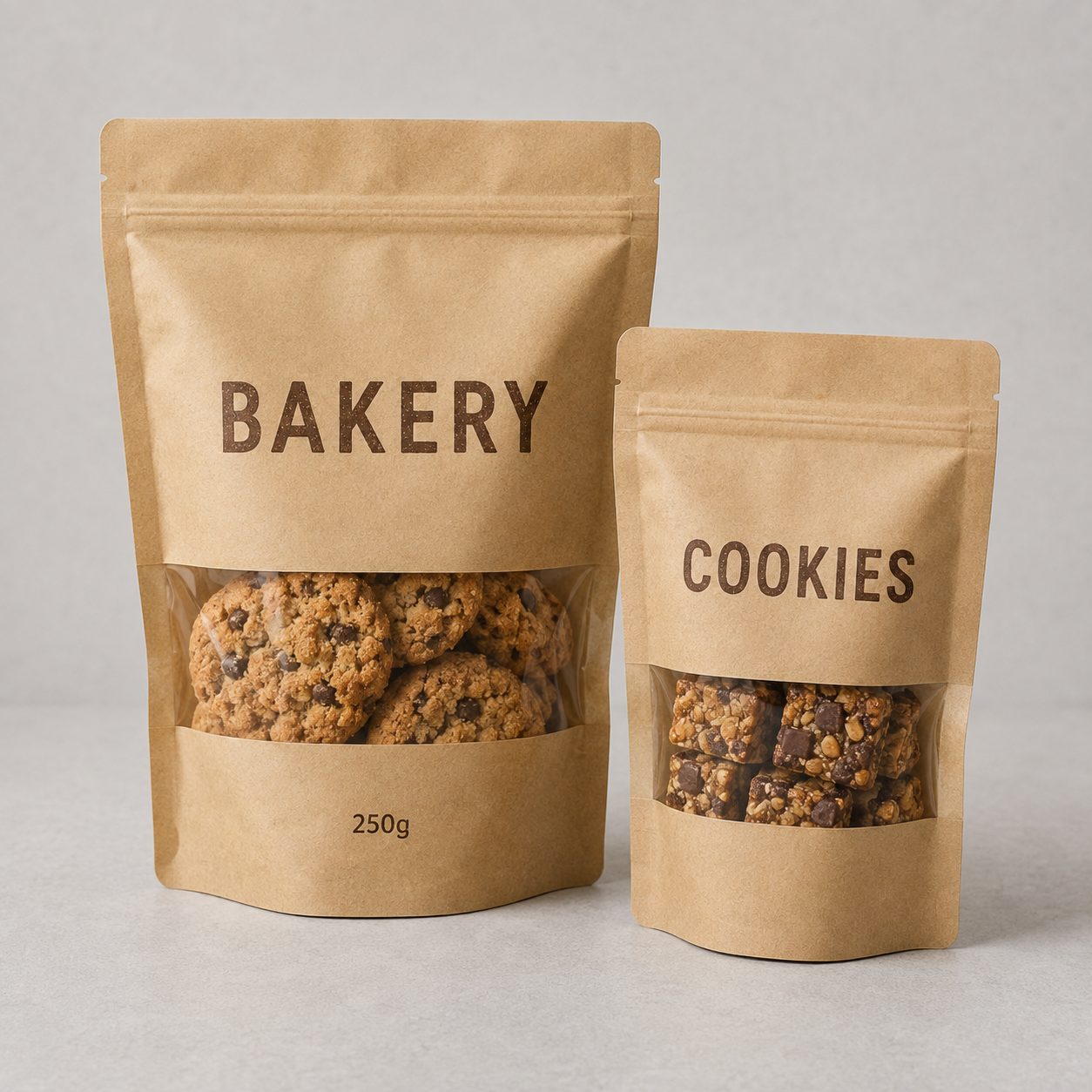 Kraft bakery and confectionery stand-up pouches with clear windows for cookies and snack bars