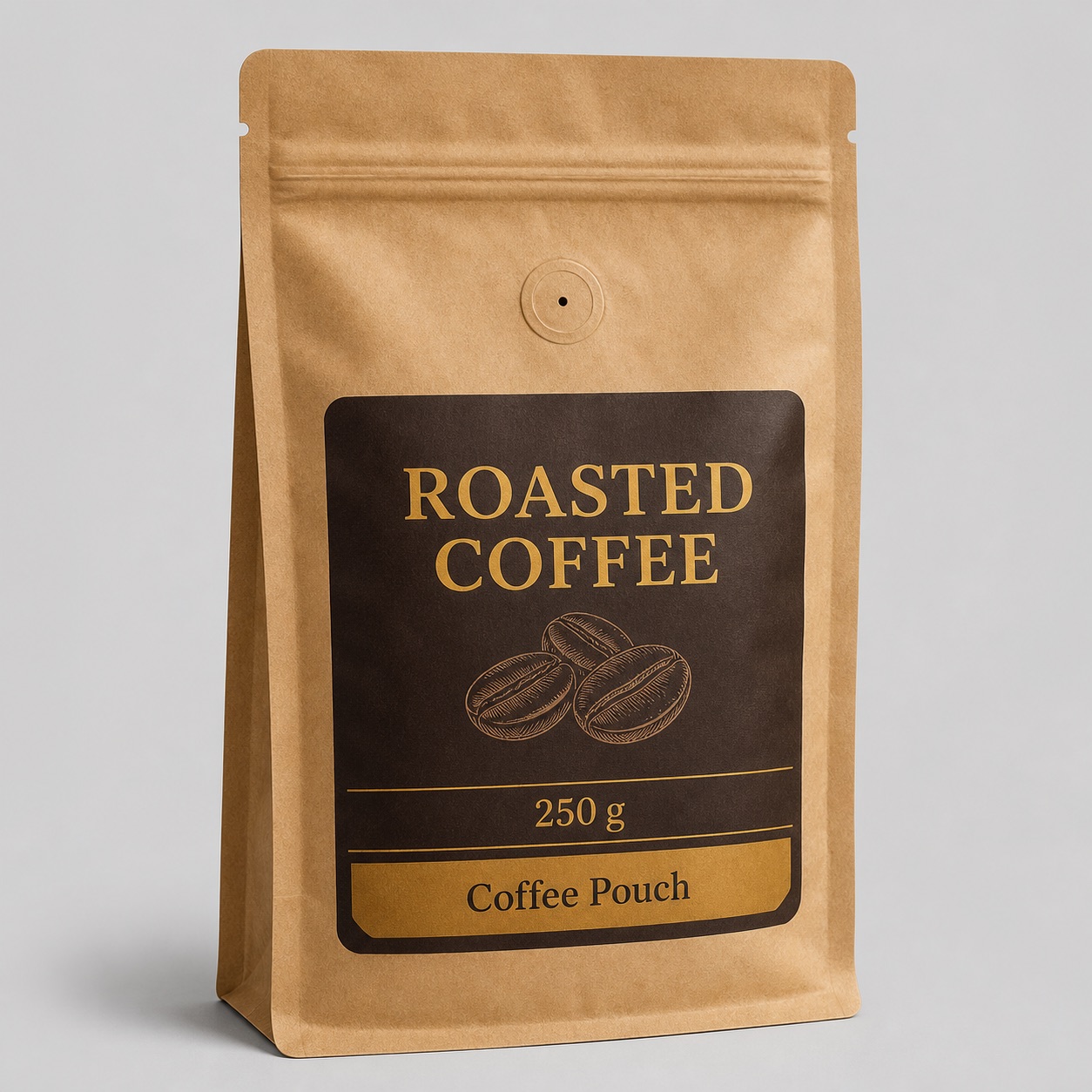 Kraft roasted coffee pouch with zipper and one way degassing valve