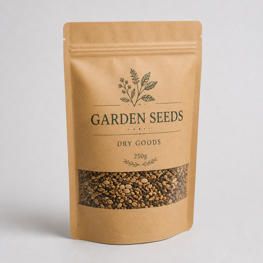 Kraft seed and dry goods stand-up zipper pouch with 250g fill-weight reference