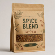 Printed kraft spice blend pouch with matte artwork, front window, and 250g dry food label