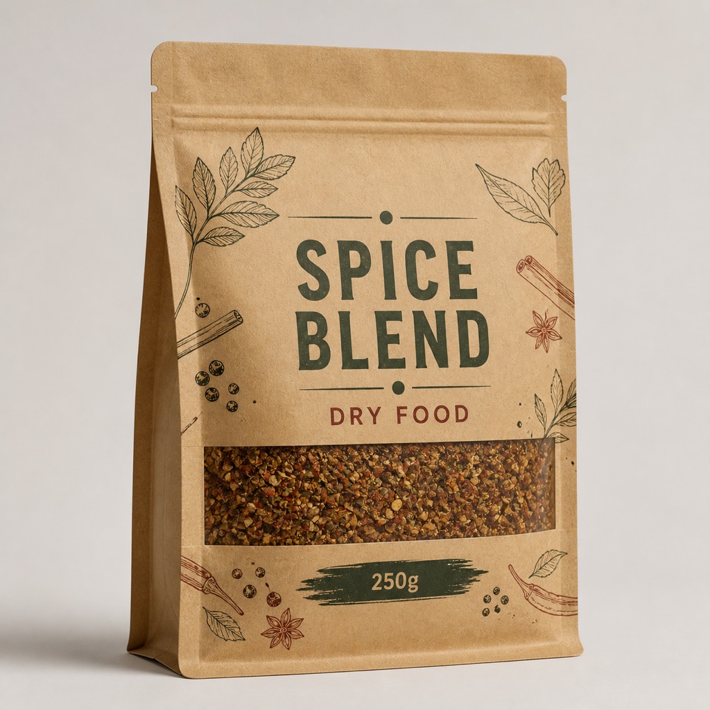 Printed kraft spice blend pouch with matte artwork, front window, and 250g dry food label
