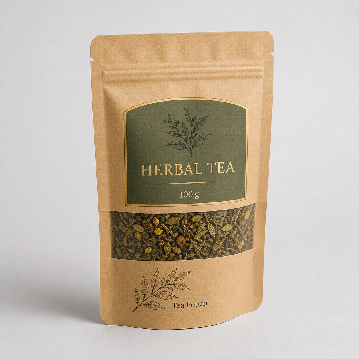 Kraft herbal tea pouch with zipper and clear window for loose tea packaging