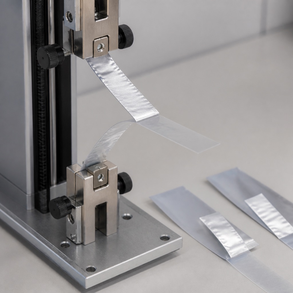 Laminate peel test strip and separated film layers for bond strength review