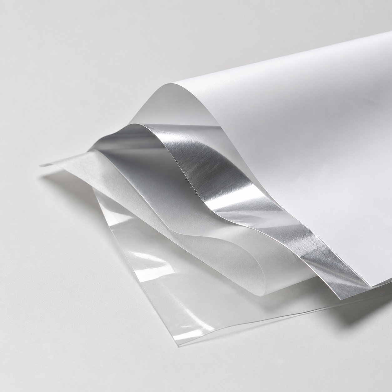 Peeled flexible packaging laminate material sample for dry, liquid, and retort structure review