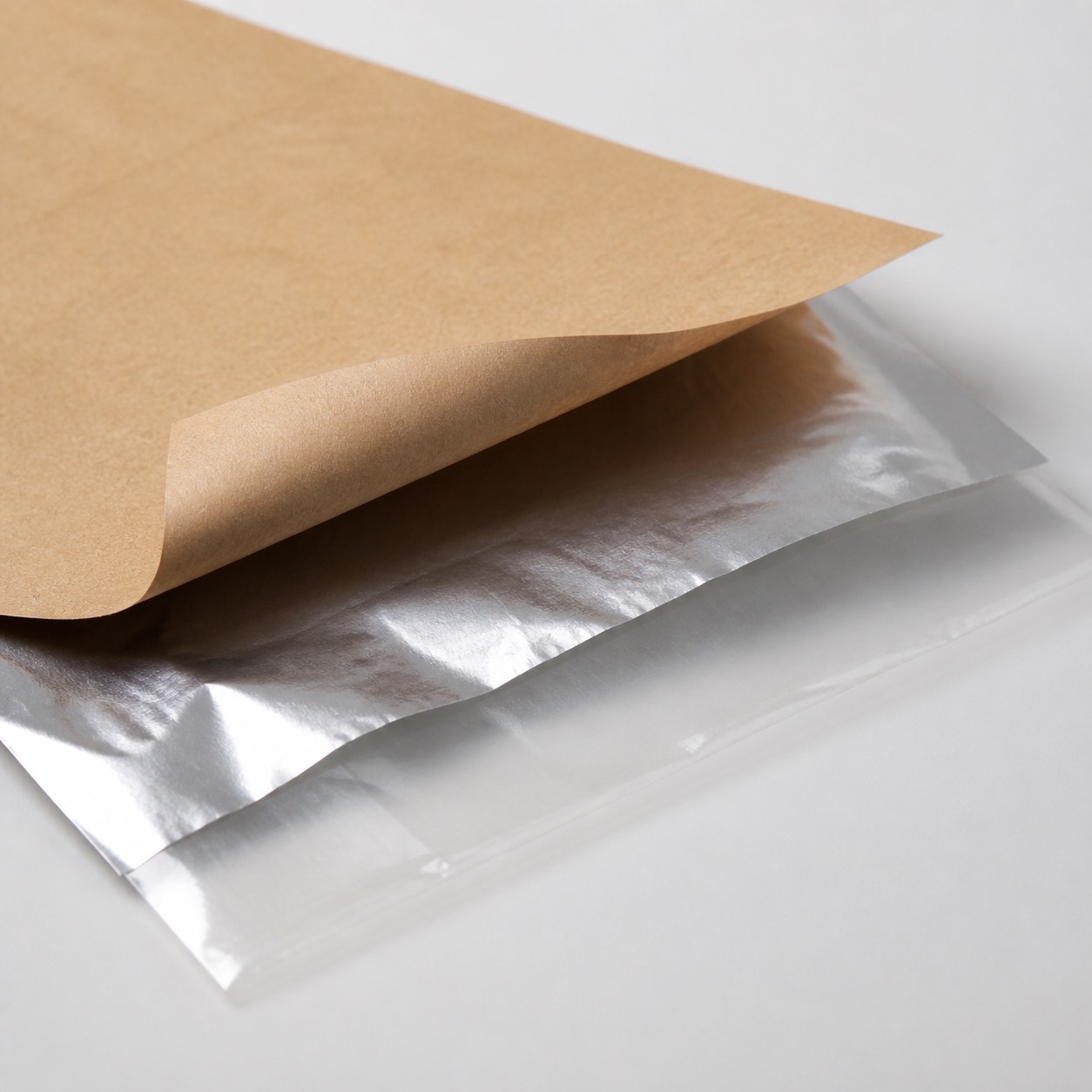 Kraft outer layer laminate sample with barrier film and sealant layer for structure review