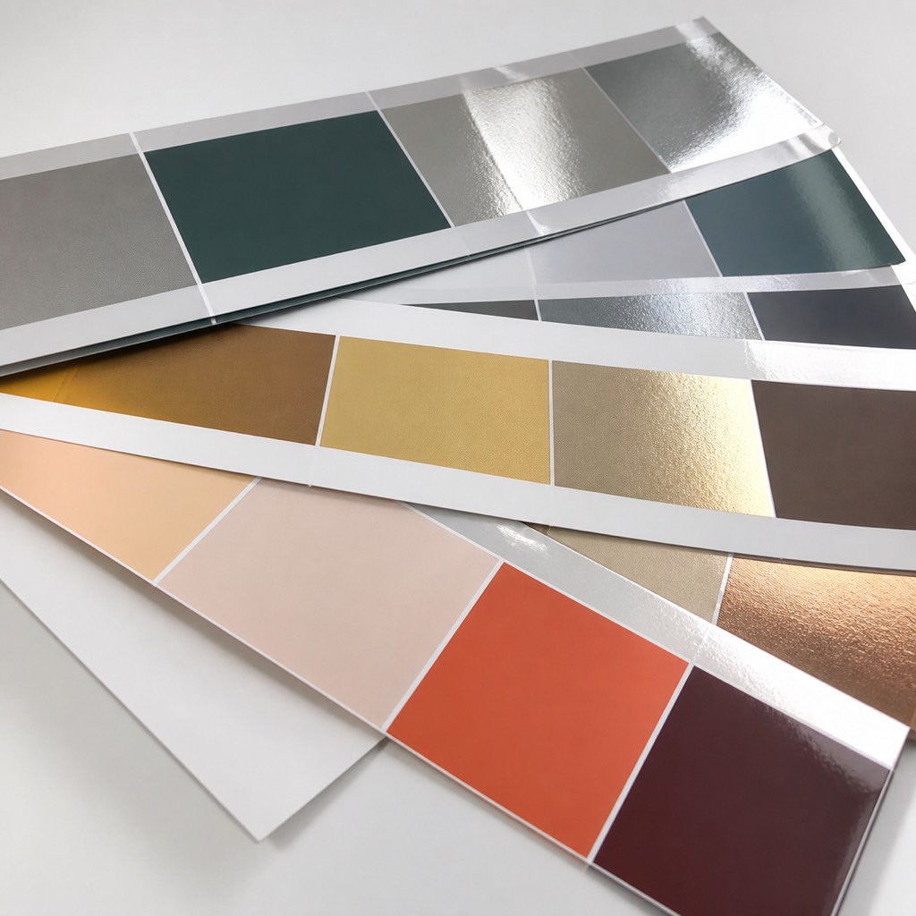 Printed laminate film swatches for ink adhesive and finish compatibility review