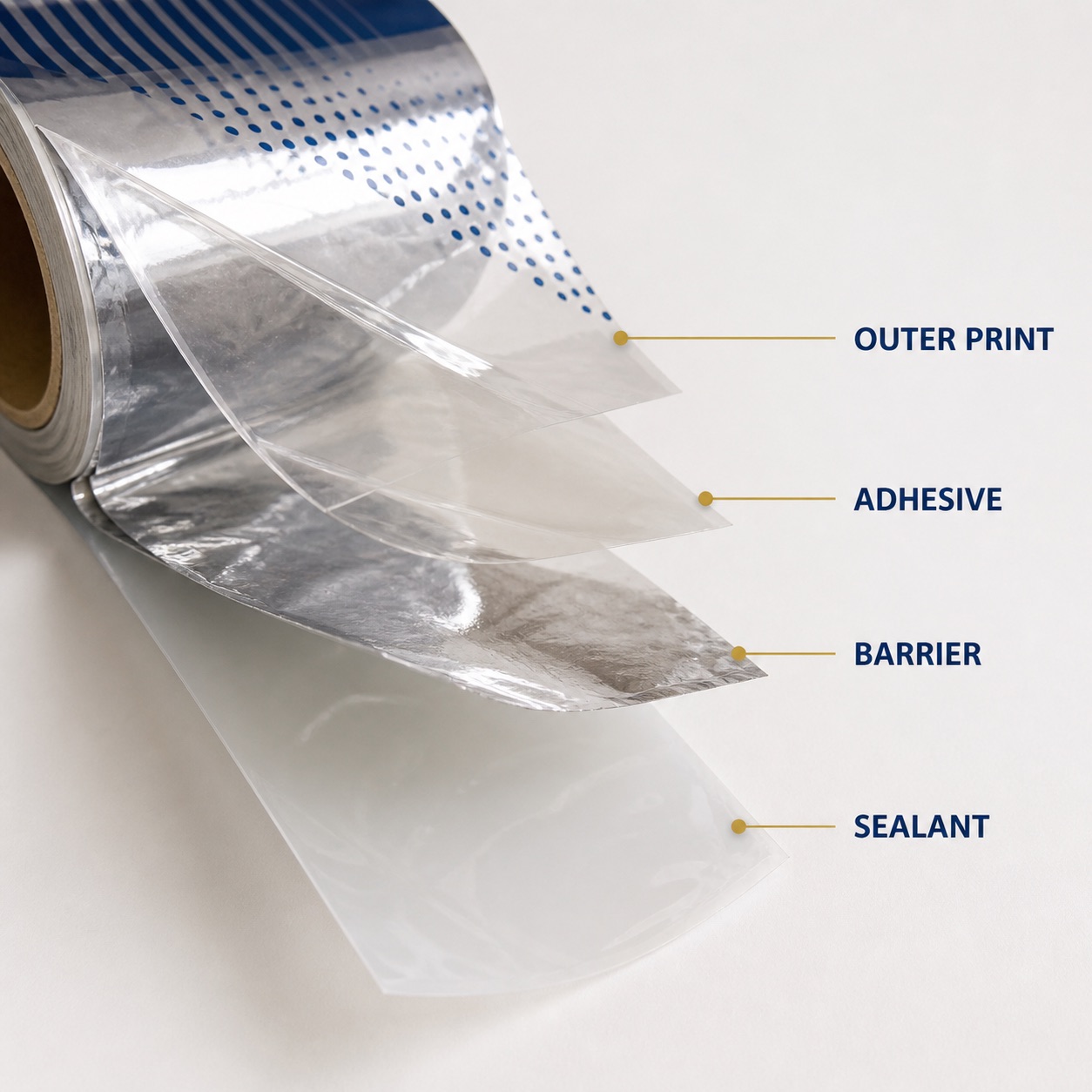 Laminated film roll with four peeled material layers for structure review