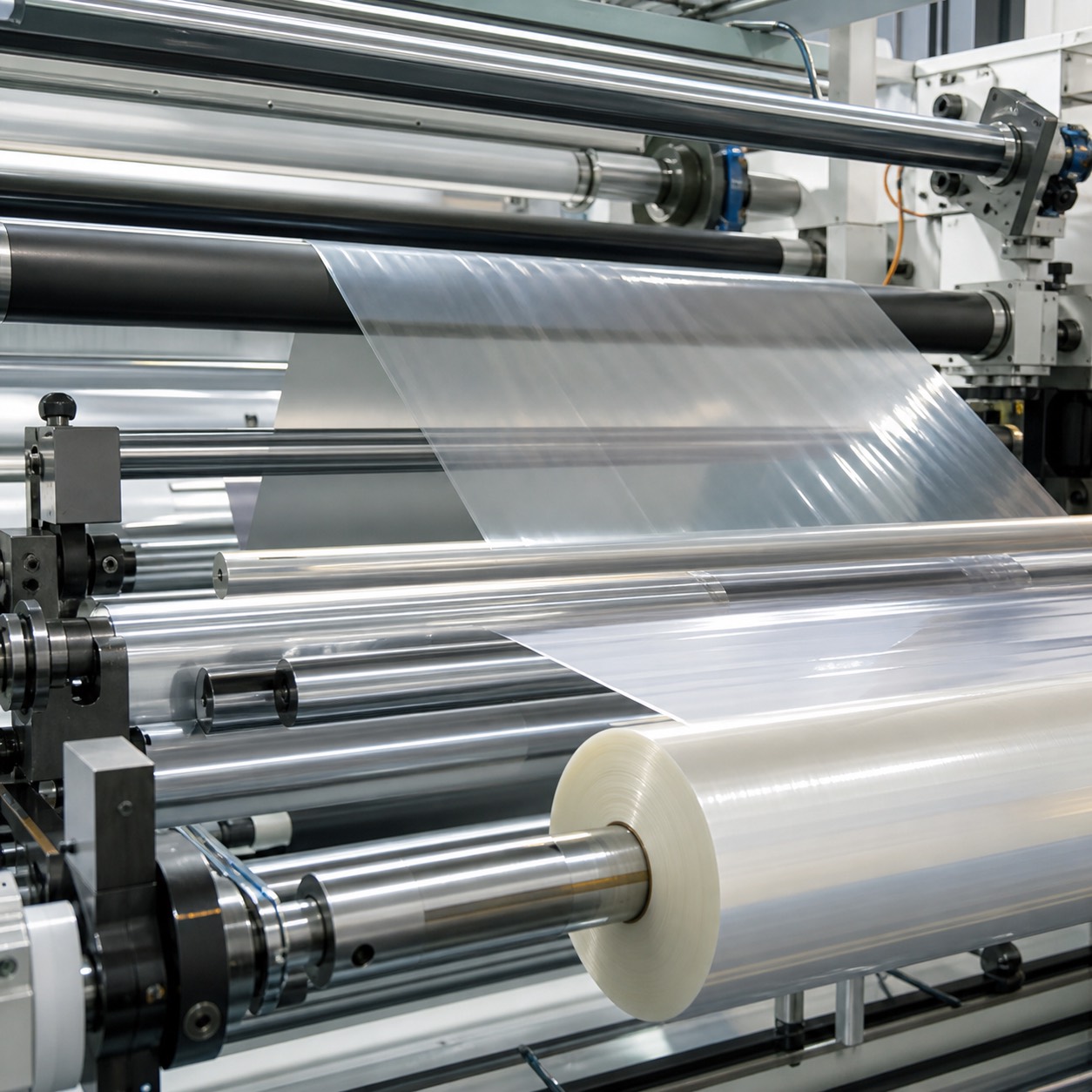 Solventless lamination film web running through industrial roller equipment