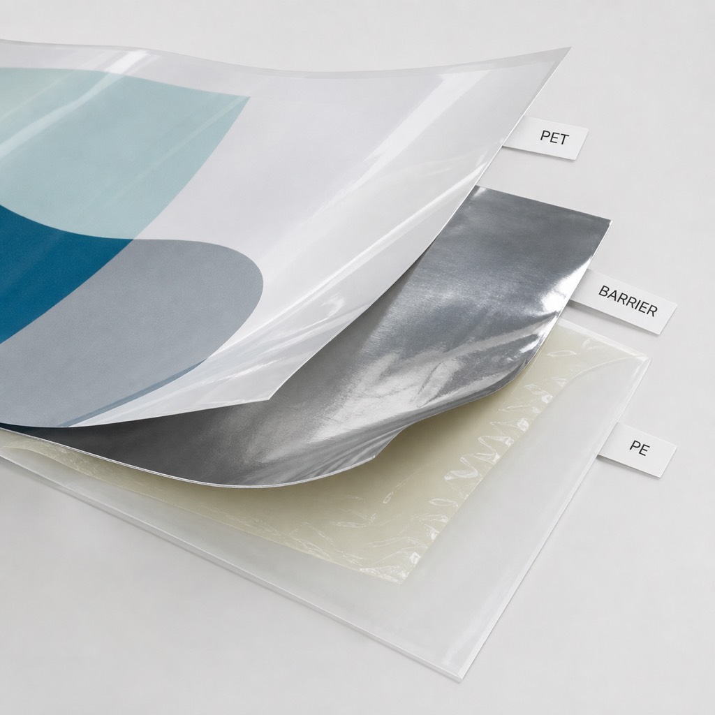 Lamination structure review sample with printed outer film barrier film and PE sealant layers