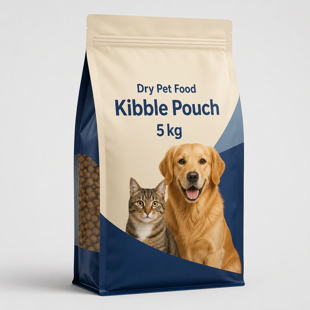 Printed dry pet food flat-bottom pouch with dog and cat artwork, side window, and 5 kg generic label