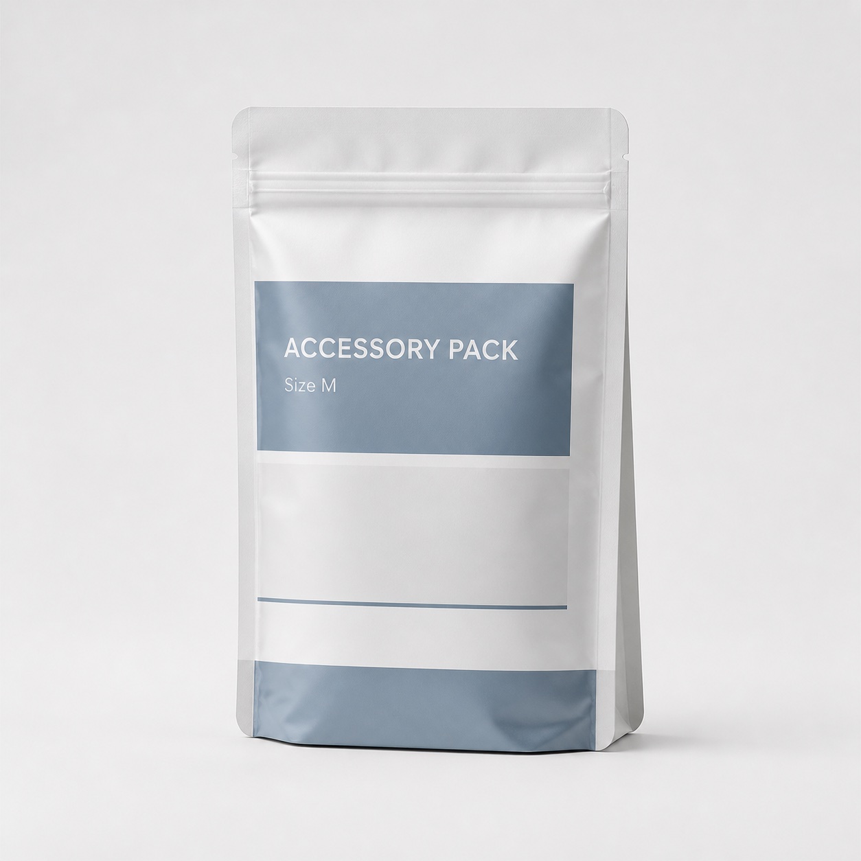 Healthcare accessory stand-up pouch with front label panel for size and sample pack planning