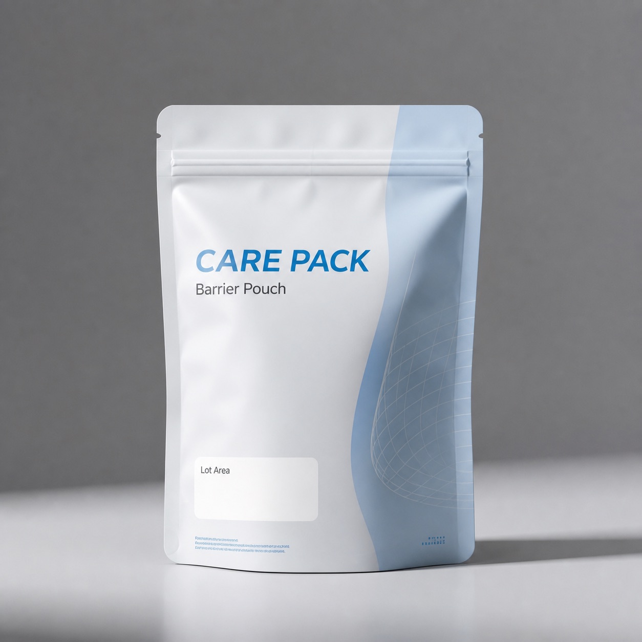 Healthcare barrier stand-up pouch with label area for artwork and coding scope review