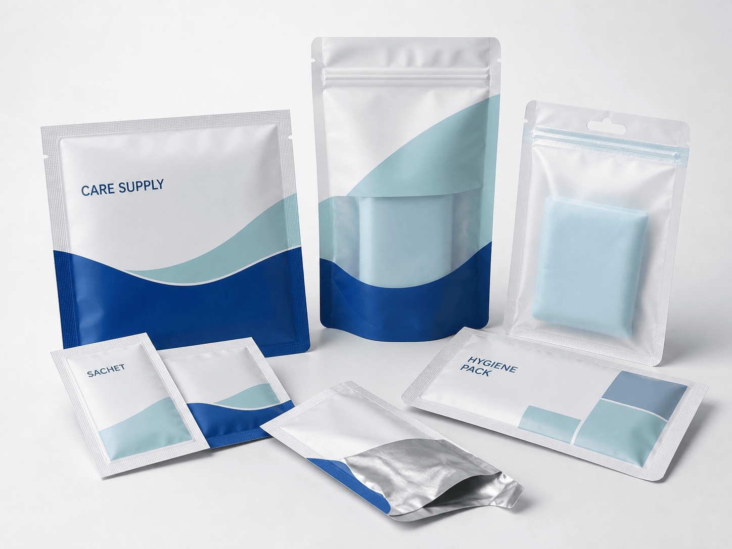 Healthcare and non-food flexible packaging sample formats with sachets, pouches, and clean label panels