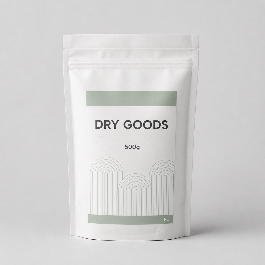 White PE stand-up pouch with zipper track, dry goods label, and restrained product artwork