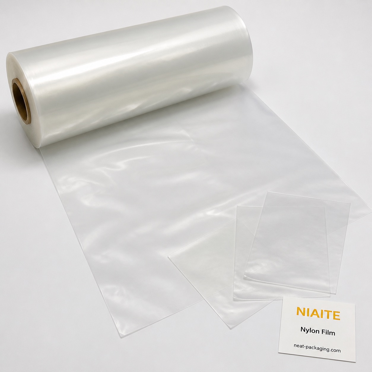 Satin translucent nylon flexible packaging film roll with flat material swatches