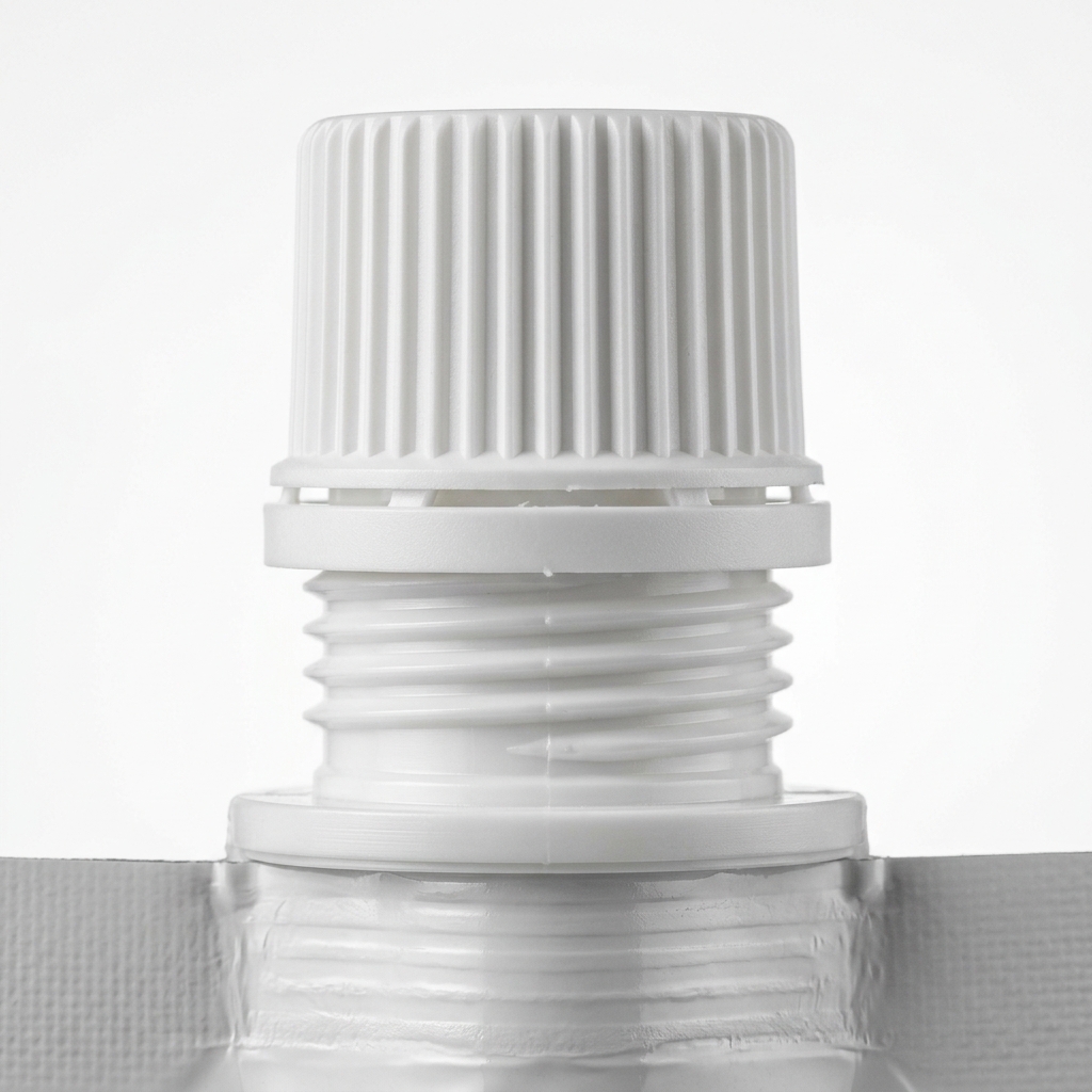Close-up of a white ribbed screw cap on a threaded top spout welded into silver pouch film