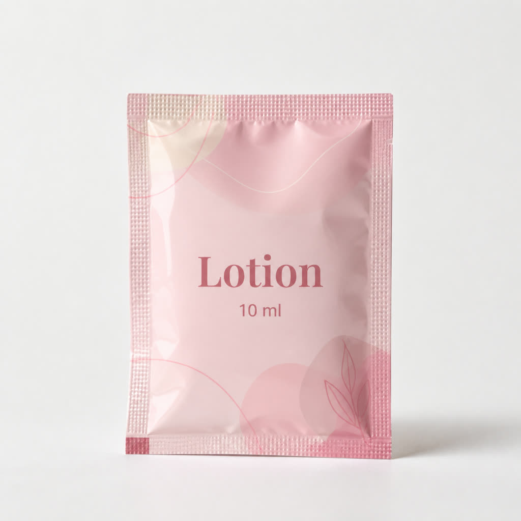 Printed lotion single-use sachet with four-side seal and 10 ml generic label