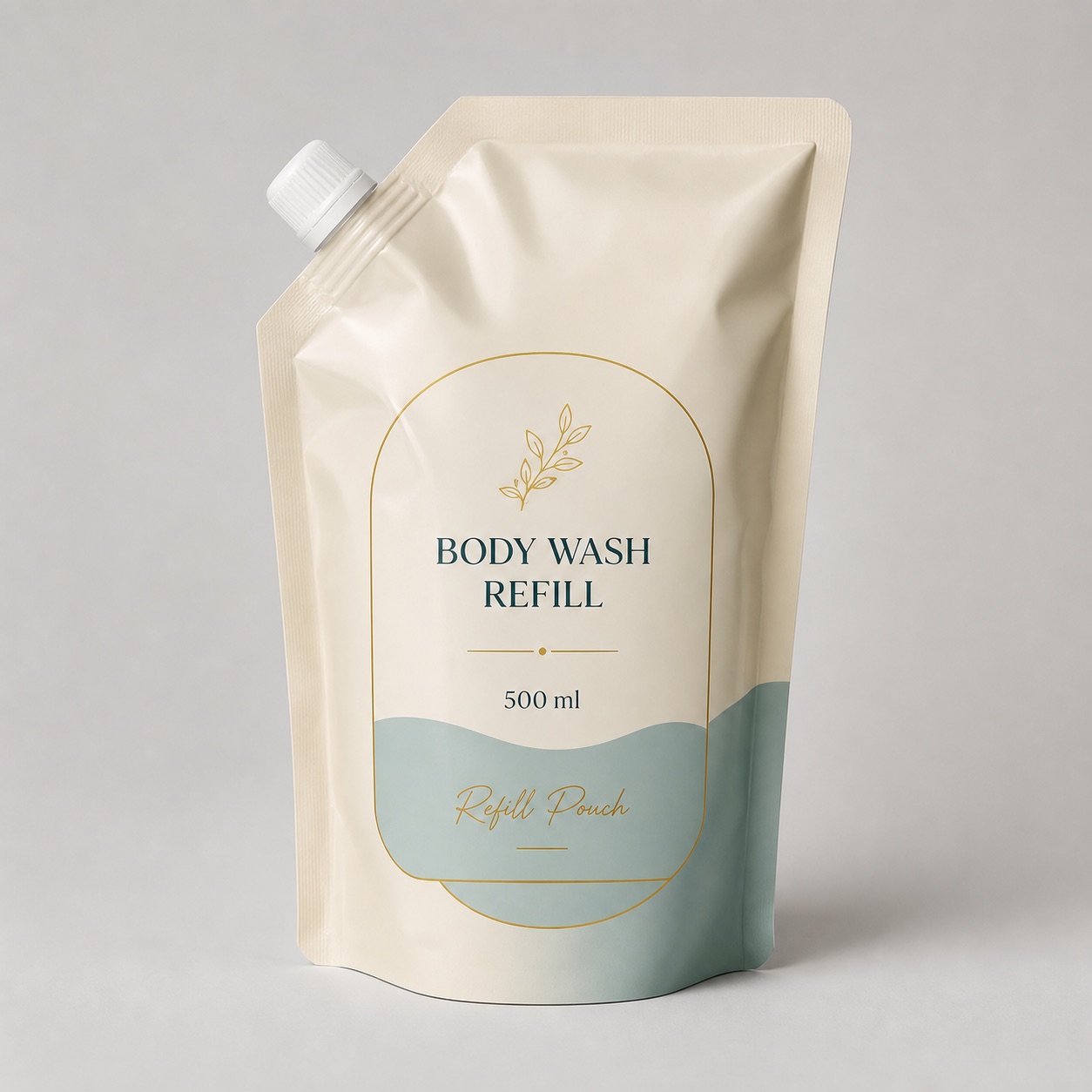 Body wash refill spout pouch with matte personal care packaging artwork