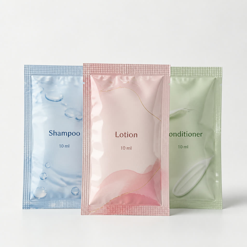 Personal care sachet packets for shampoo, lotion, and conditioner with 10 ml generic labels