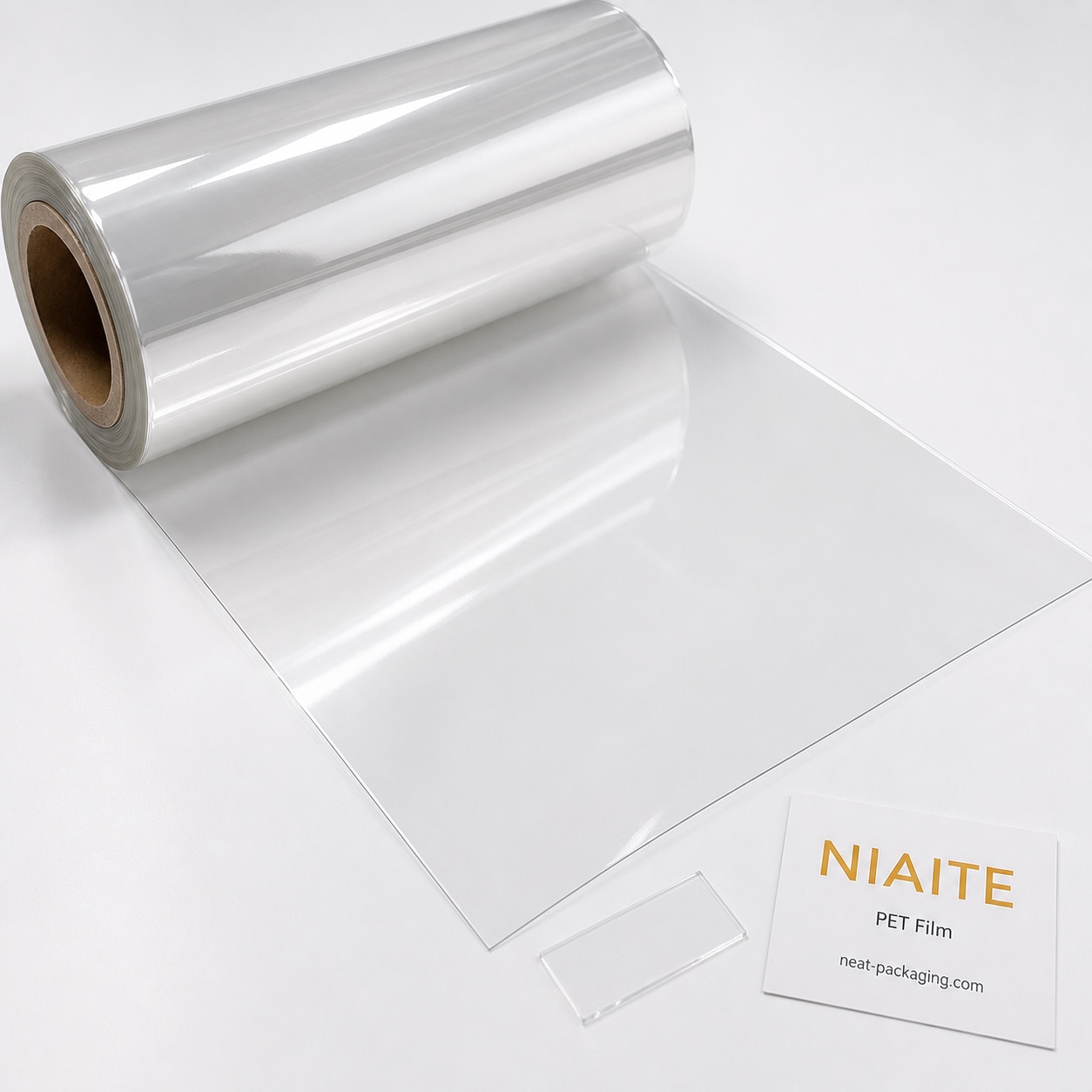 Transparent PET flexible packaging film roll and material sample for laminate review