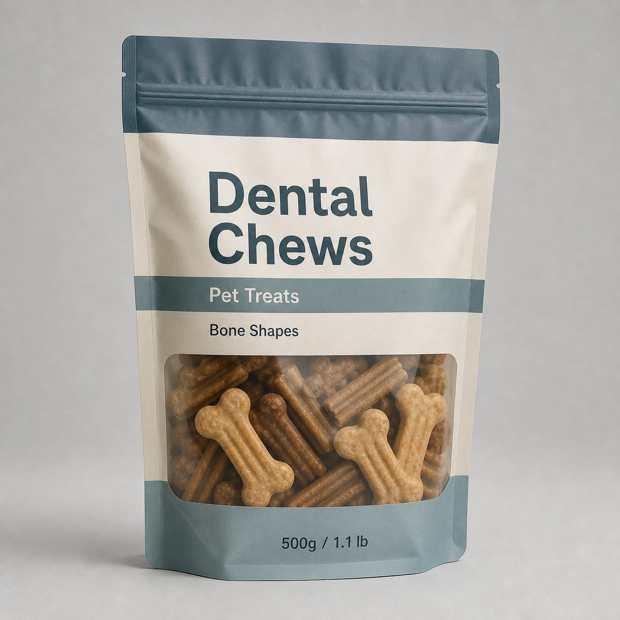 Dental chew pet treat pouch with clear window showing bone-shaped treats and dual metric and US weight label