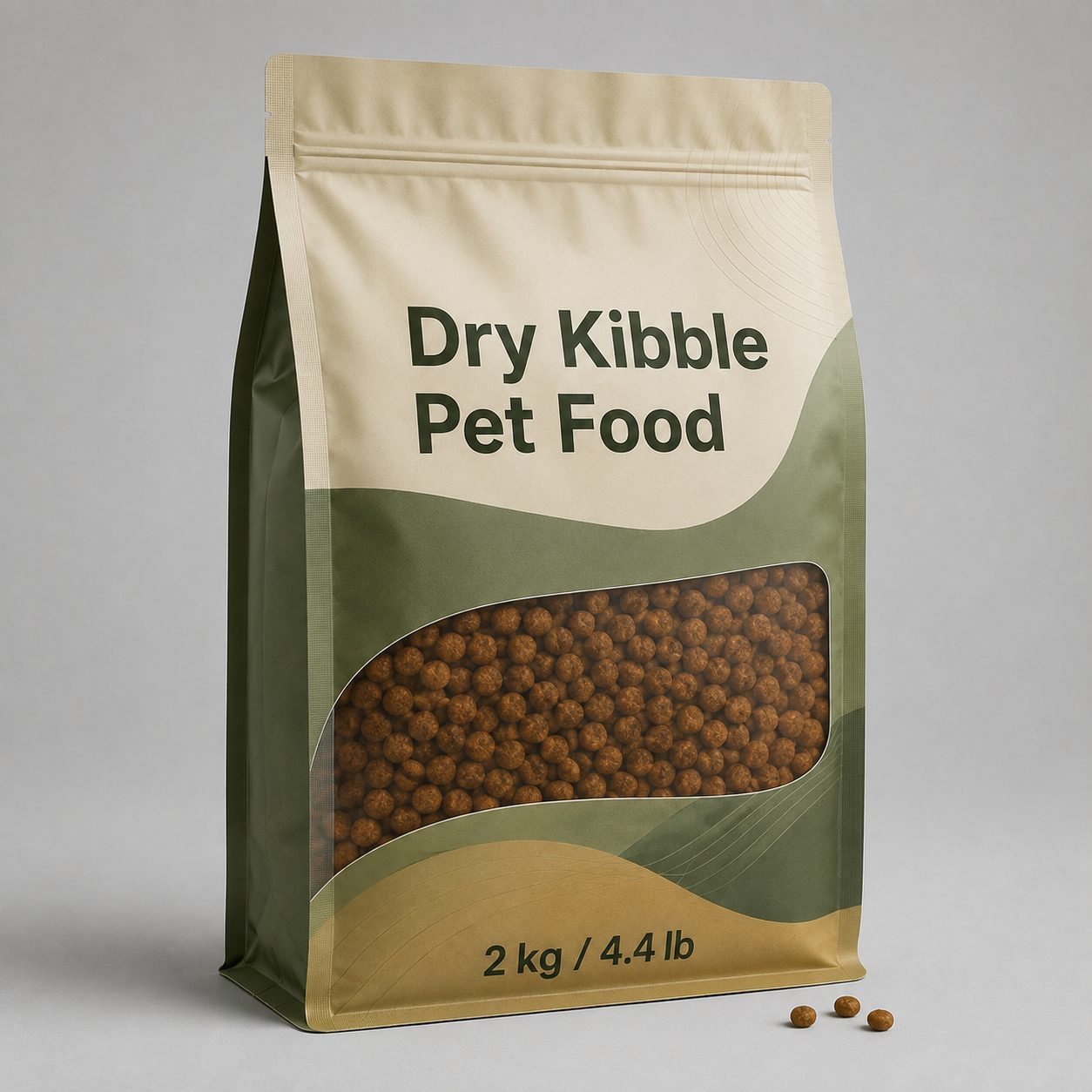 Flat bottom Dry Kibble Pet Food bag with a wide window, 2 kg / 4.4 lb label and a few loose kibbles