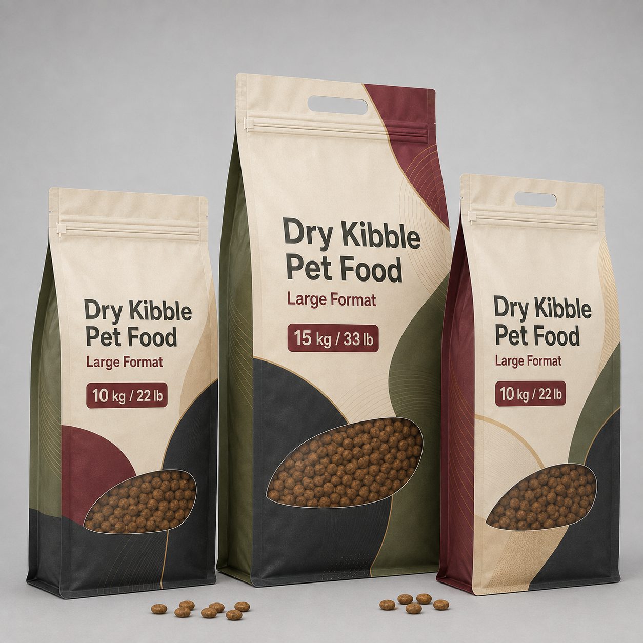 Large-format dry pet food bag samples with handles, kibble windows, and dual metric and US weight labels