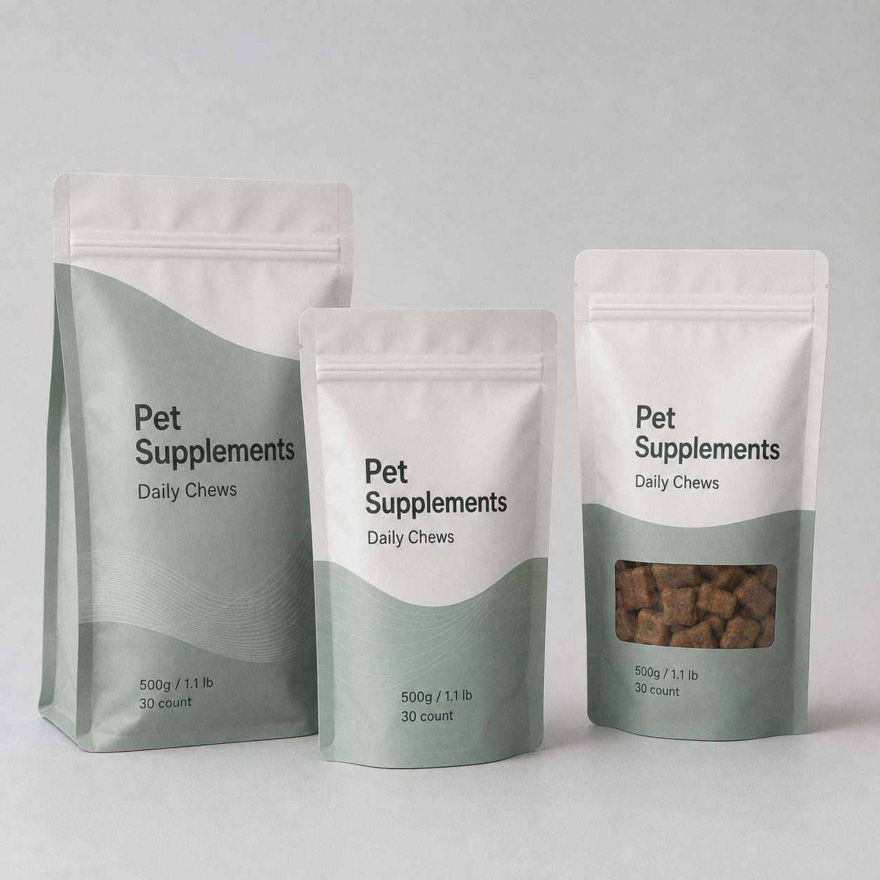 Pet supplement chew pouch samples with dual metric and US weight labels and count space
