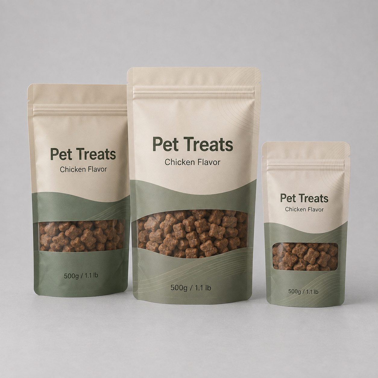 Dry pet treat pouch samples with clear windows and dual metric and US weight labels