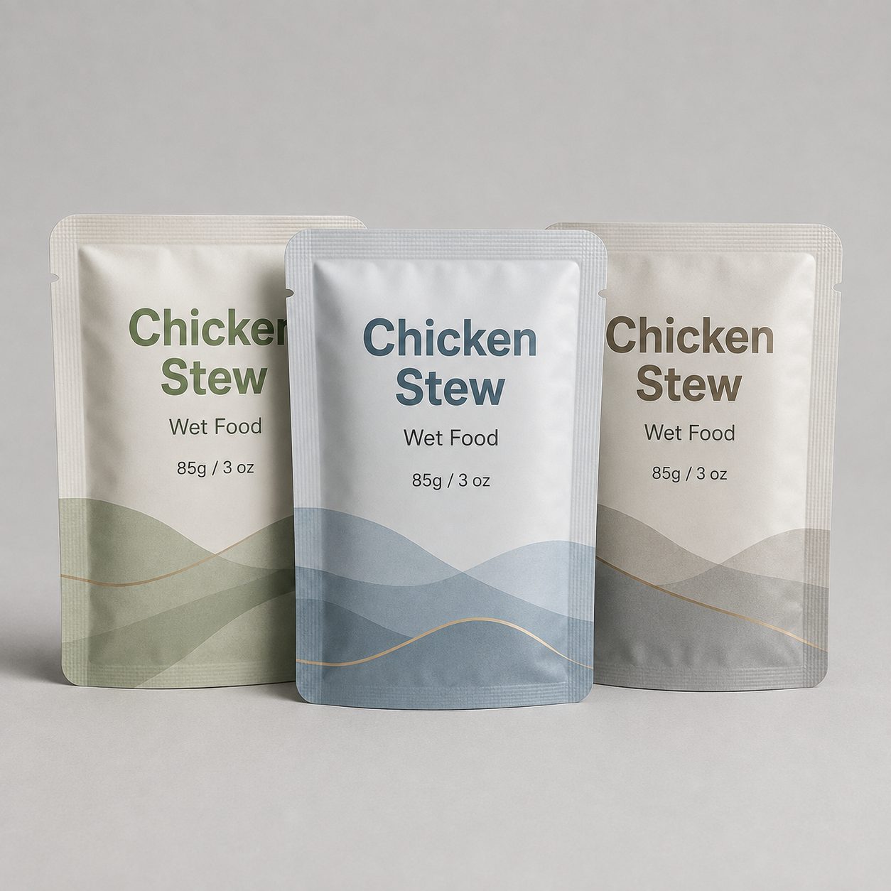 Wet pet food sachet samples with tear notches and dual metric and US weight labels