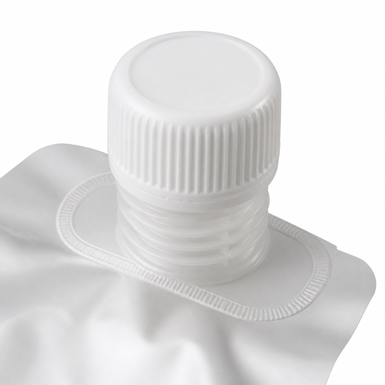 Single plastic spout and cap assembly on pouch film sample