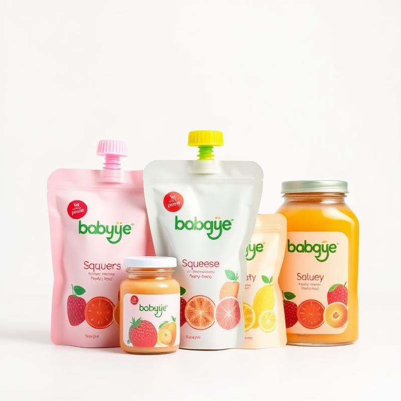 Baby food spout pouches and glass jars with fruit puree in pink and white packaging