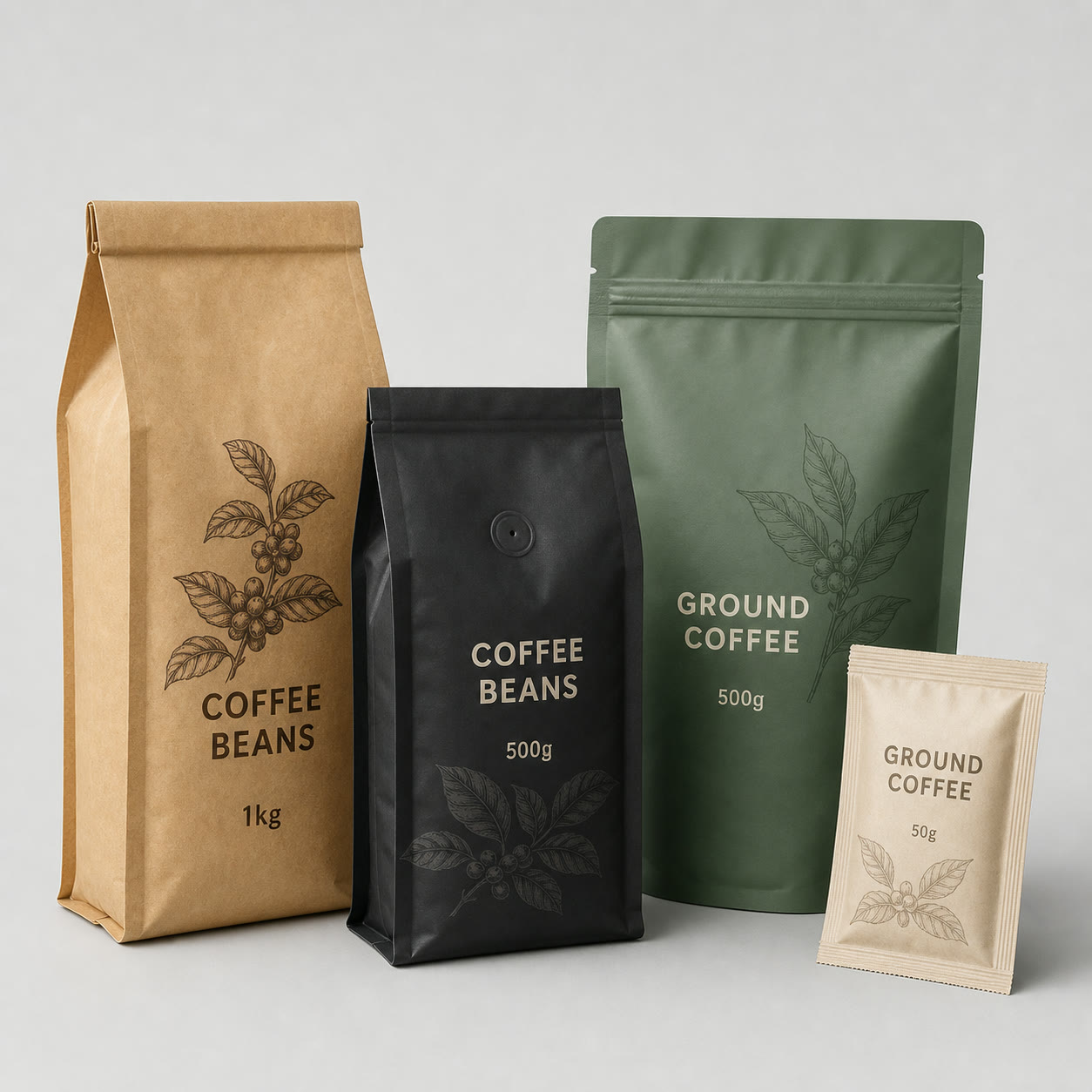 Printed coffee bag product samples with valve and pouch format options