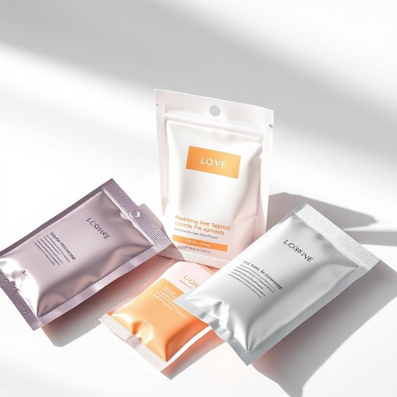 Matte and metallic cosmetic sachets and flat pouches in pastel tones on a light surface