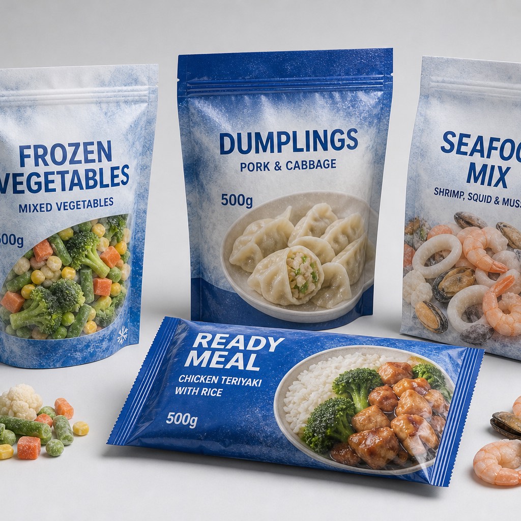 Frozen food packaging overview with vegetable, dumpling, seafood, and ready-meal pouch formats