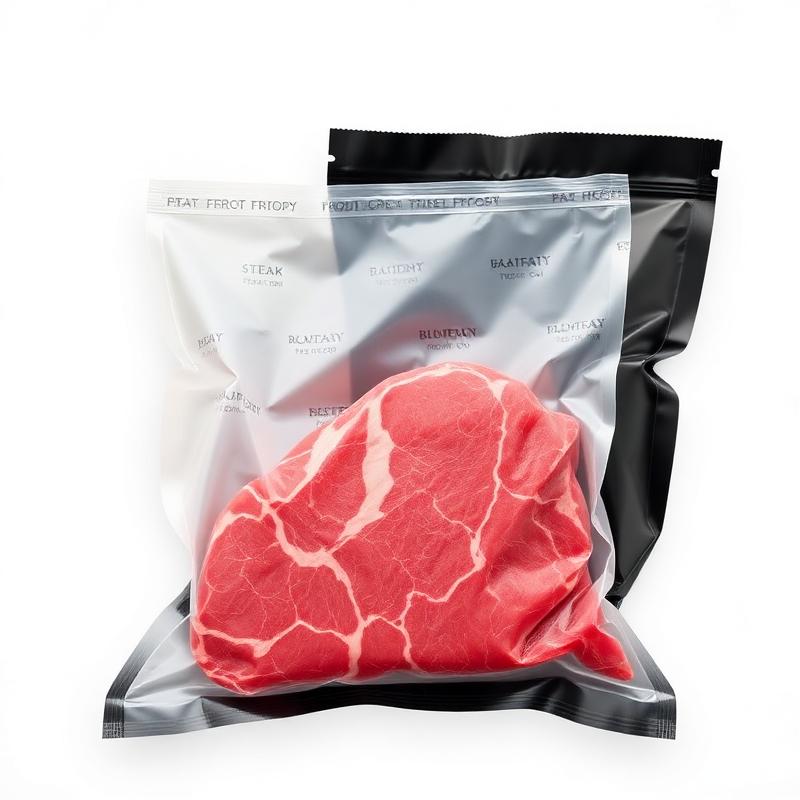 Vacuum sealed beef steak in a clear pouch with black and white barrier bags behind