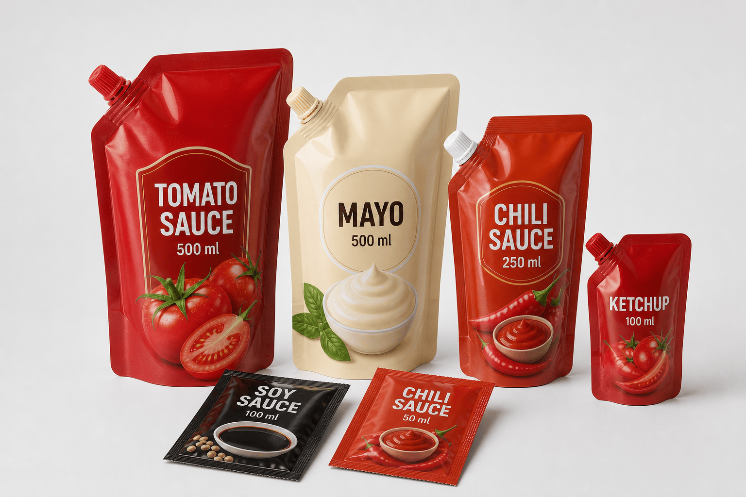 Sauce and condiment flexible packaging options including spout pouches, sachets, and sample formats