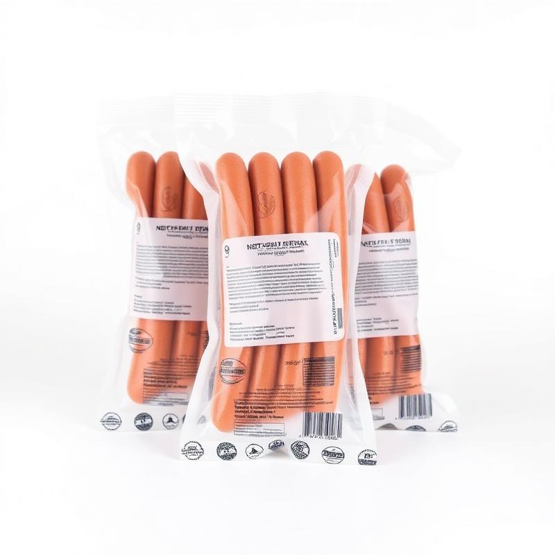 Vacuum packed sausage bundles in clear shrink-wrapped pouches with printed labels