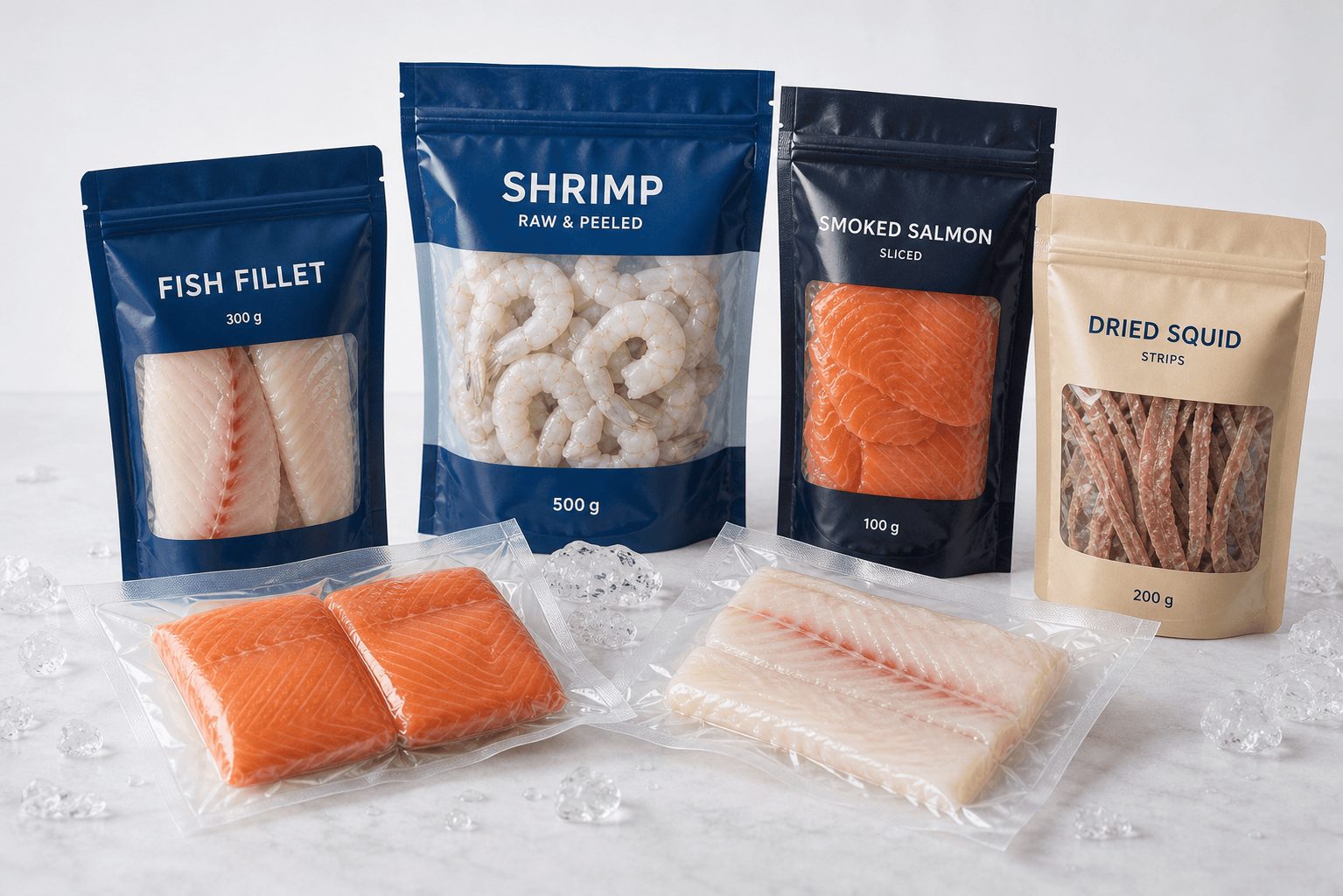 Seafood flexible packaging options with vacuum pouches, high-barrier bags, and portion formats