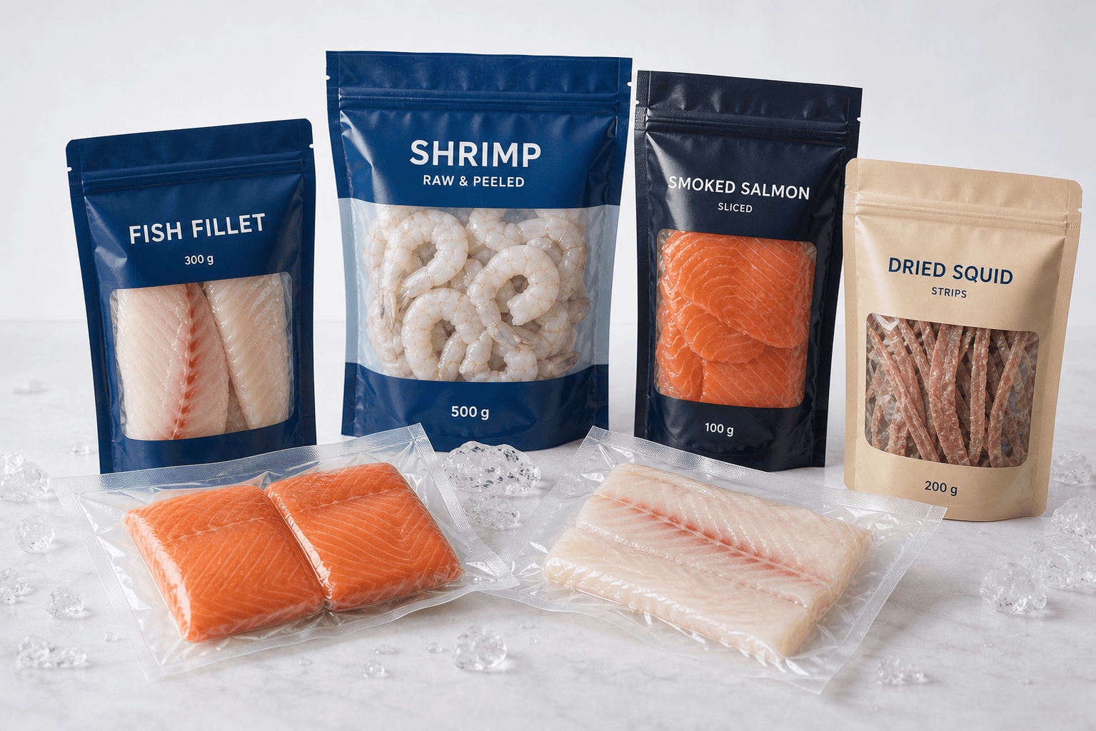Seafood flexible packaging options with vacuum pouches, high-barrier bags, and portion formats
