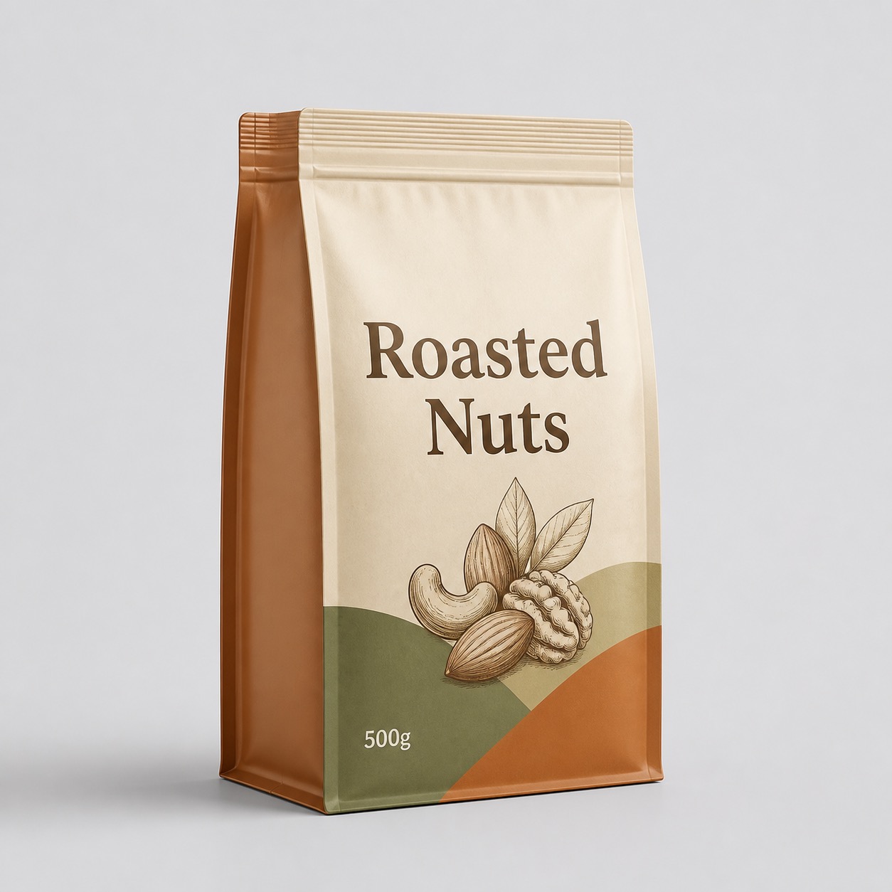 Roasted nuts quad seal pouch with four vertical side seals and 500g label