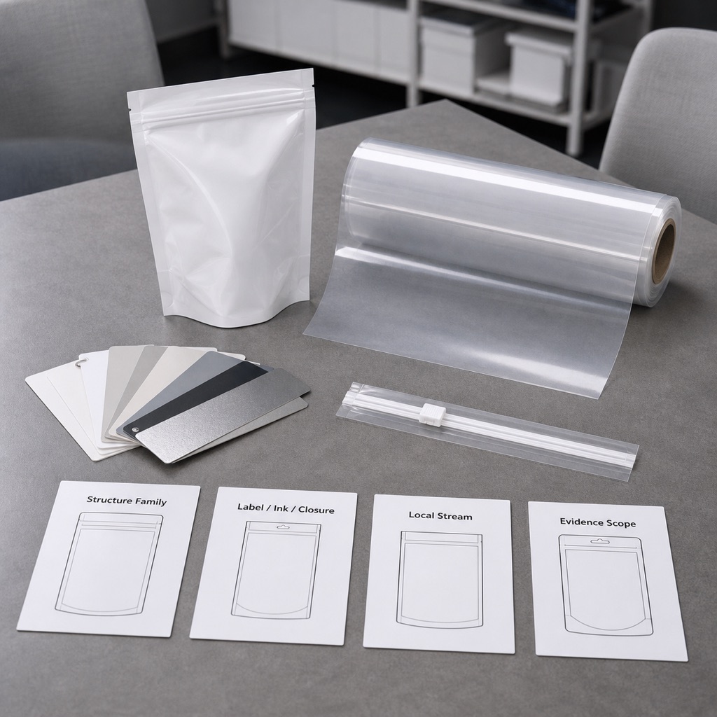 Claim boundary review board with blank pouch, film roll, and evidence scope cards