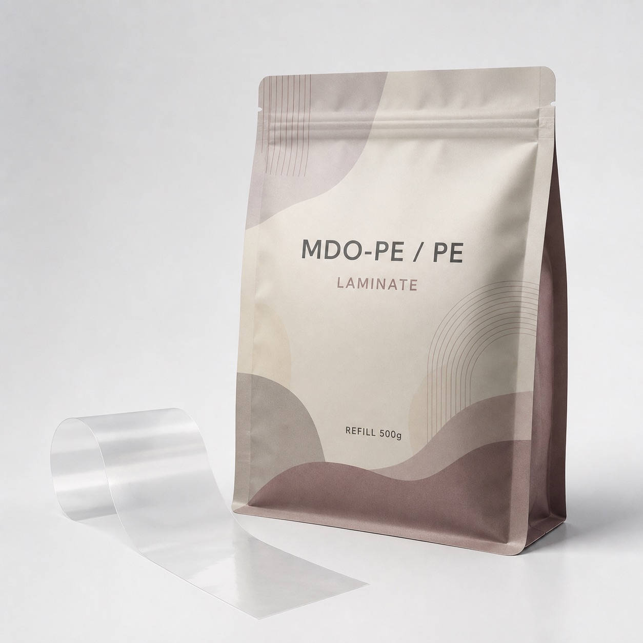 MDO-PE and PE laminate stand-up pouch with semi-transparent film strip for stiffness review