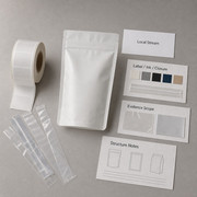 Unbranded pouch, film strips, label, ink, and closure samples arranged for local recovery route review