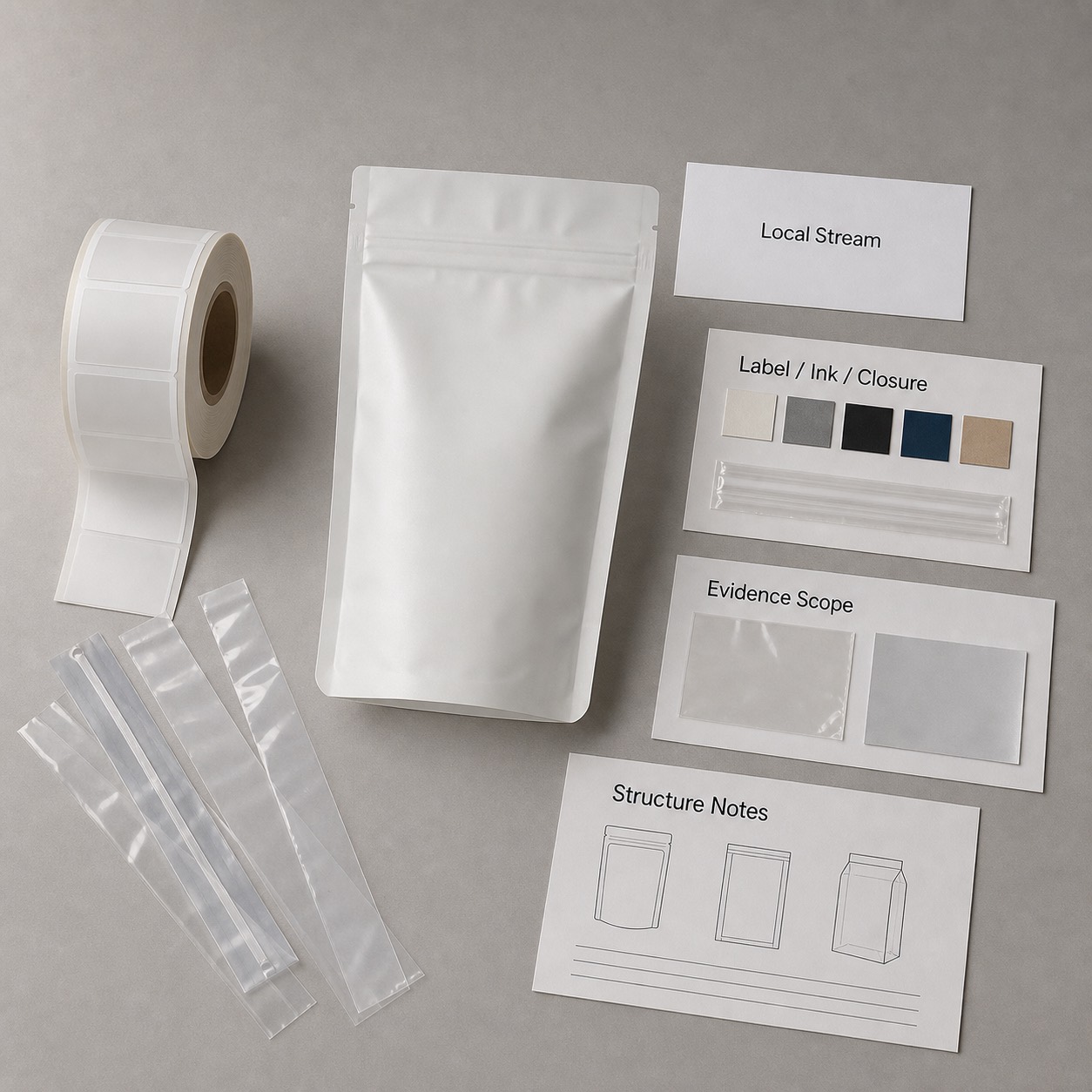 Unbranded pouch, film strips, label, ink, and closure samples arranged for local recovery route review