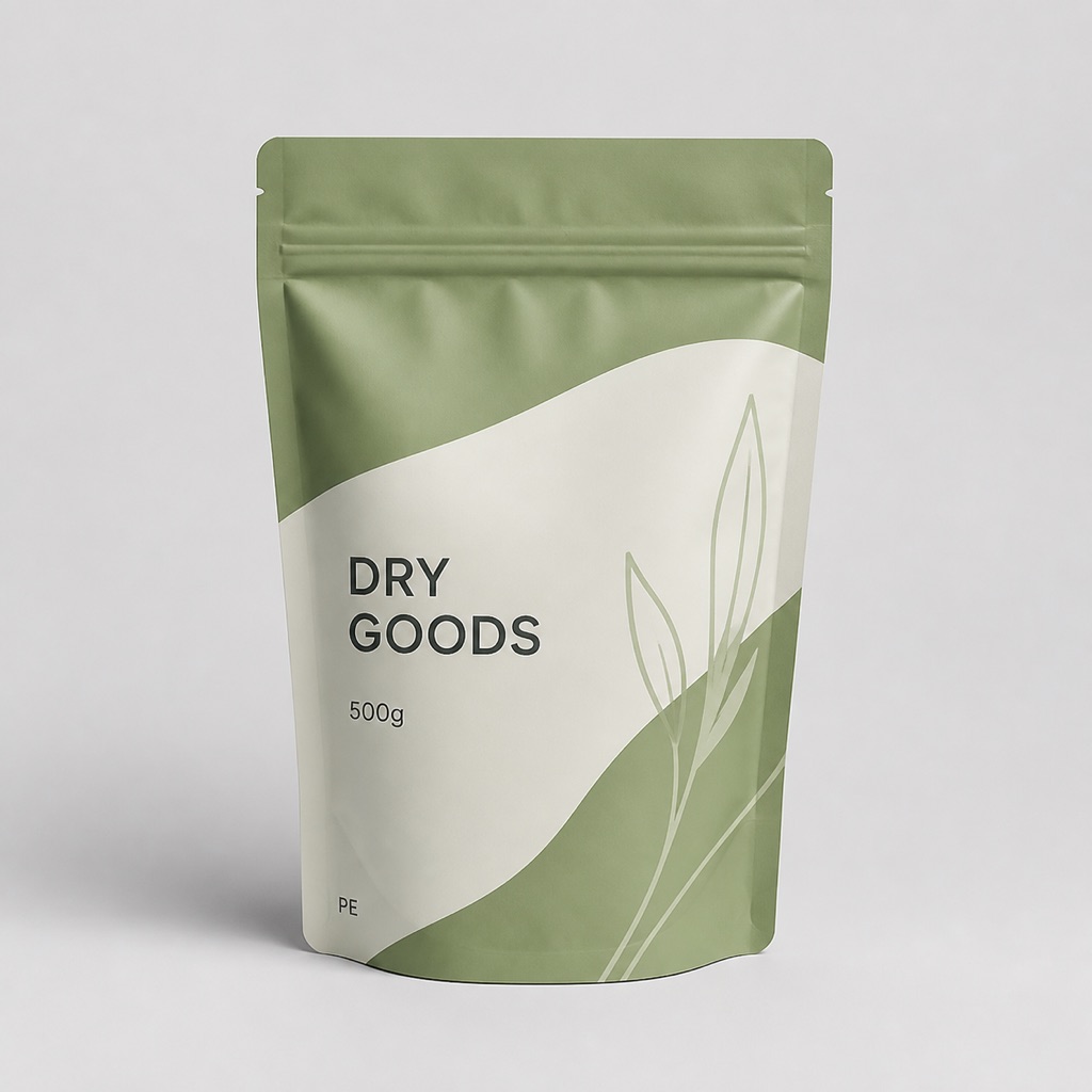 Sage PE dry goods pouch with zipper track, filled base, and material-code artwork